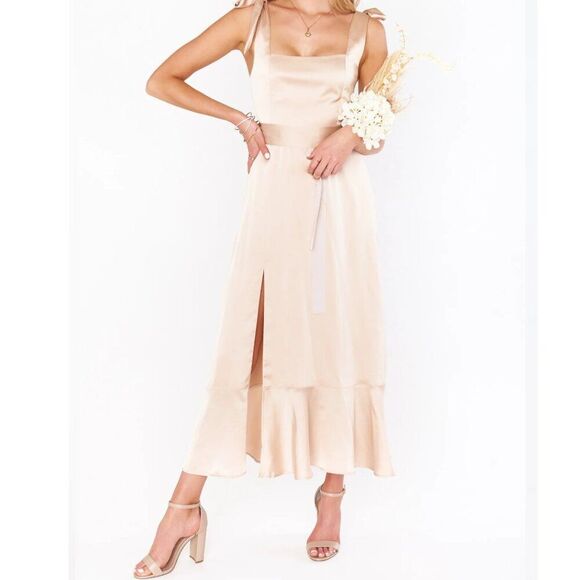 Show Me Your Mumu Claire Midi Dress Bridesmaid Bridal Champagne Luxe Satin XL - Picture 1 of 10